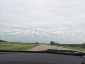 Avoiding storms on Monday's trip back to Minneapolis. Not the greatest shot, but these are some mammatus clouds on the horizon. (Katherine Hart, 2014)